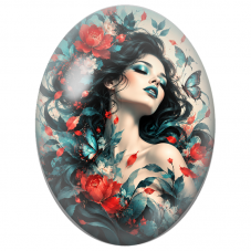 Cabochon en Verre Illustré Femme aux Fleurs Rouges et Papillons Turquoise pour la Création de Bijoux Fantaisie - DIY