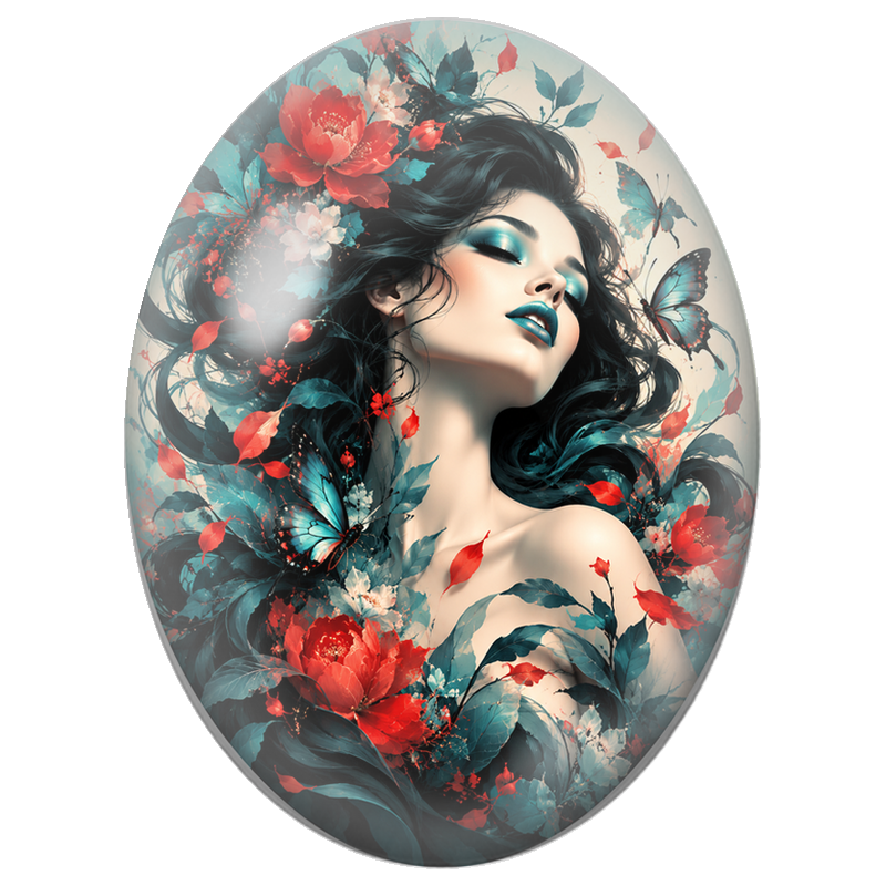 Cabochon en Verre Illustré Femme aux Fleurs Rouges et Papillons Turquoise 13x18, 18x25 ou 30x40mm
