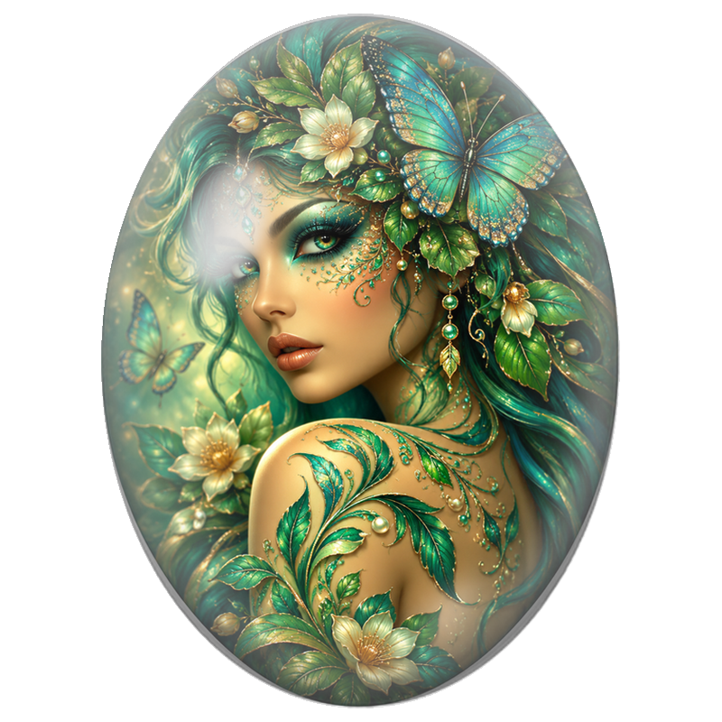 Cabochon en Verre Illustré Femme Sylvestre aux Papillons Turquoise et Bijoux 13x18, 18x25 ou 30x40mm