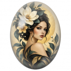 Cabochon en Verre Illustré Femme au Magnolia Ivoire et Feuilles d’Or pour la Création de Bijoux Fantaisie - DIY