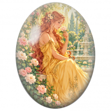 Cabochon en Verre Illustré Femme Rousse à la Rose près de la Fontaine pour la Création de Bijoux Fantaisie - DIY