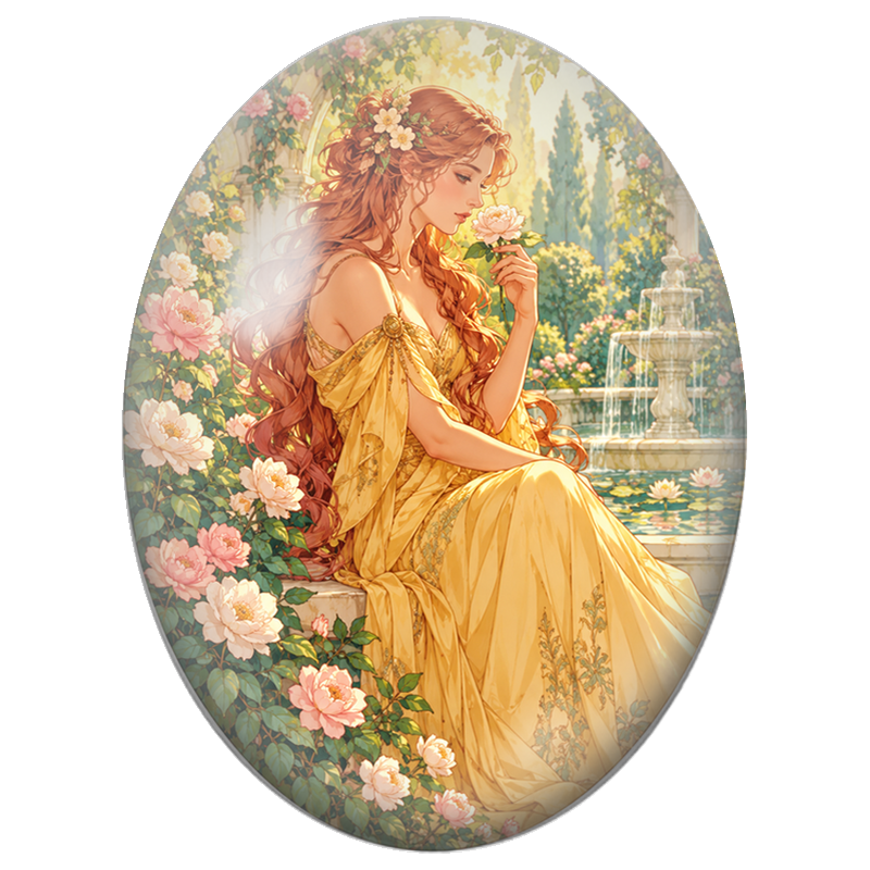 Cabochon en Verre Illustré Femme Rousse à la Rose près de la Fontaine 13x18, 18x25 ou 30x40mm