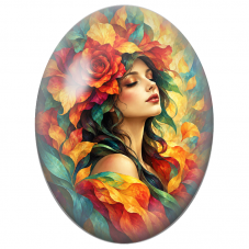 Cabochon en Verre Illustré Femme Couronnée d’une Rose aux Couleurs d’Automne pour la Création de Bijoux Fantaisie - DIY