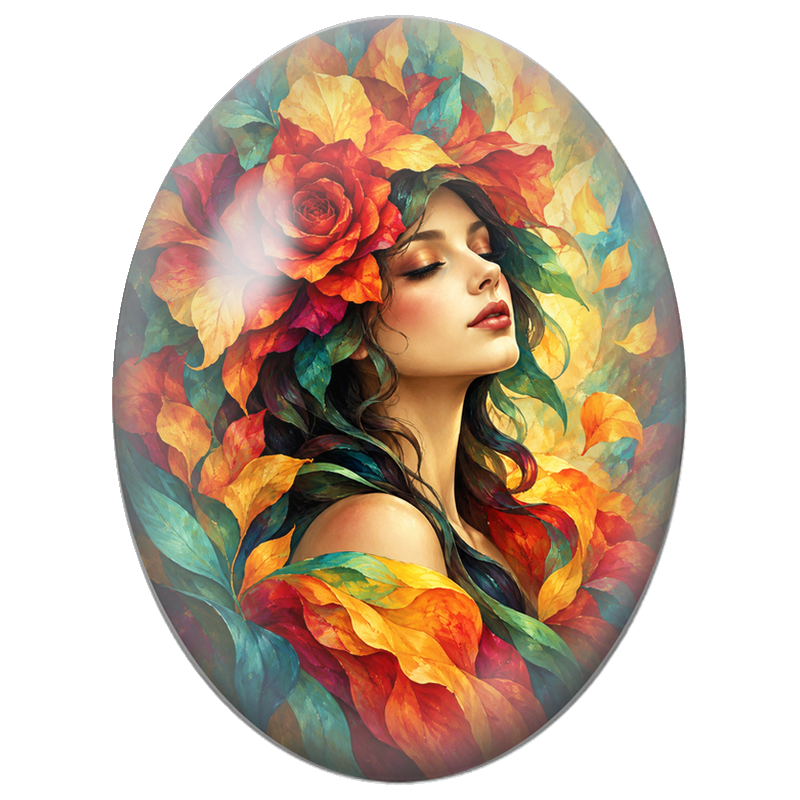 Cabochon en Verre Illustré Femme Couronnée d’une Rose aux Couleurs d’Automne 13x18, 18x25 ou 30x40mm