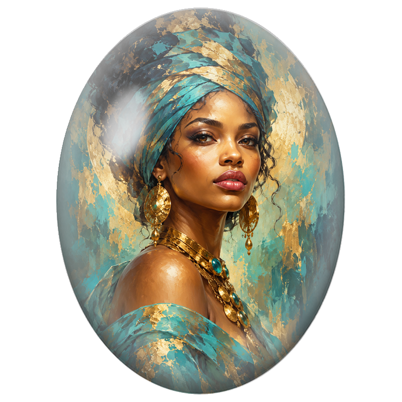Cabochon en Verre Illustré Reine au Turban Turquoise et Parures d’Or 13x18, 18x25 ou 30x40mm