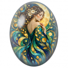 Cabochon en Verre Illustré Femme aux Volutes Turquoise sous la Lune Dorée pour la Création de Bijoux Fantaisie - DIY