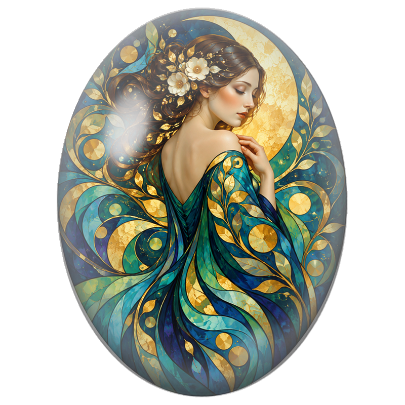 Cabochon en Verre Illustré Femme aux Volutes Turquoise sous la Lune Dorée 13x18, 18x25 ou 30x40mm