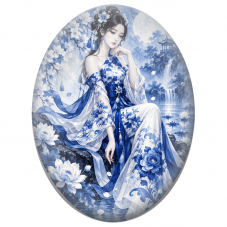 Cabochon en Verre Illustré Femme Asiatique au Kimono Bleu dans le Jardin de Lotus pour la Création de Bijoux Fantaisie - DIY
