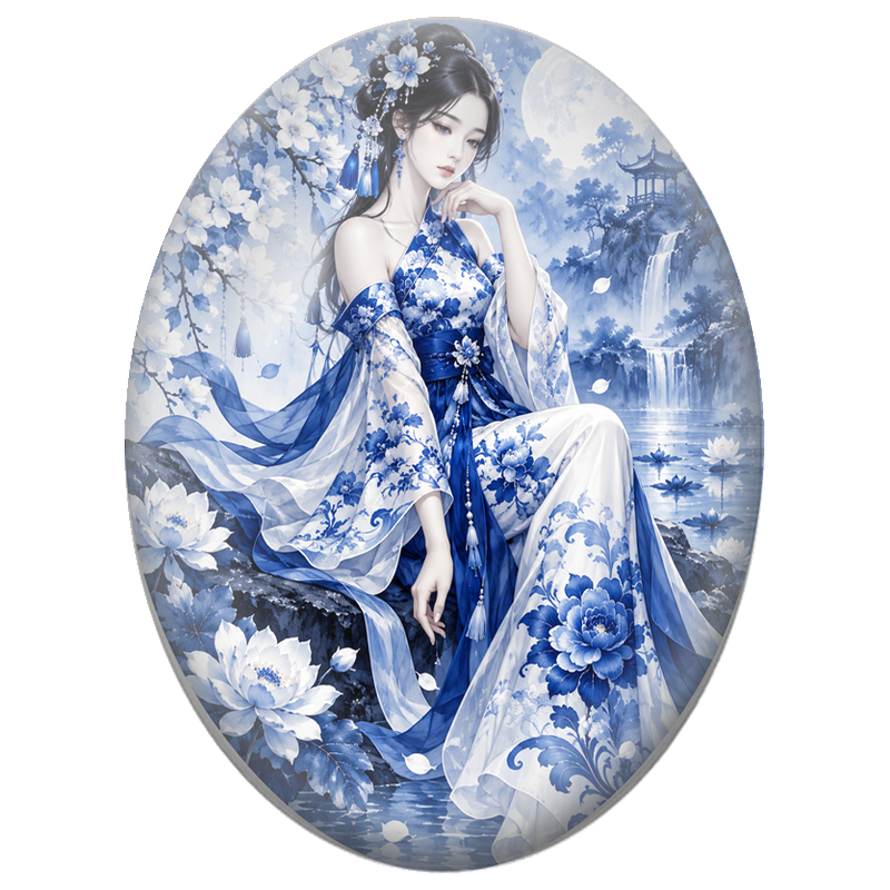 Cabochon en Verre Illustré Femme Asiatique au Kimono Bleu dans le Jardin de Lotus 13x18, 18x25 ou 30x40mm