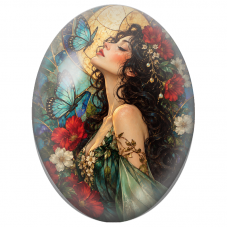Cabochon en Verre Illustré Femme aux Papillons Turquoise dans un Jardin Rouge pour la Création de Bijoux Fantaisie - DIY