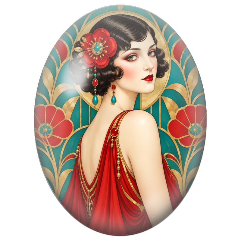 Cabochon en Verre Illustré Élégante des Années Folles à la Fleur Rouge 13x18, 18x25 ou 30x40mm