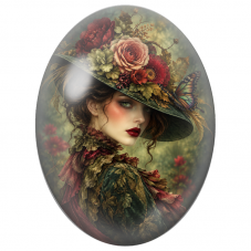 Cabochon en Verre Illustré Femme au Chapeau Fleuri Vert et Bordeaux pour la Création de Bijoux Fantaisie - DIY