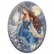 Cabochon en Verre Illustré Dame aux Fleurs Bleues et Papillon Lumineux pour la Création de Bijoux Fantaisie - DIY