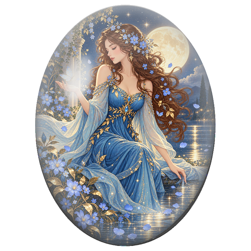 Cabochon en Verre Illustré Dame aux Fleurs Bleues et Papillon Lumineux 13x18, 18x25 ou 30x40mm