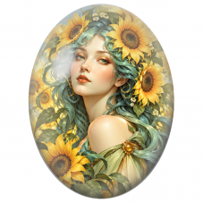 Cabochon en Verre Illustré Femme à la Couronne de Tournesols et Chevelure Menthe pour la Création de Bijoux Fantaisie - DIY