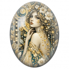 Cabochon en Verre Illustré Femme aux Perles Dorées sous la Lune de Mosaïque pour la Création de Bijoux Fantaisie - DIY