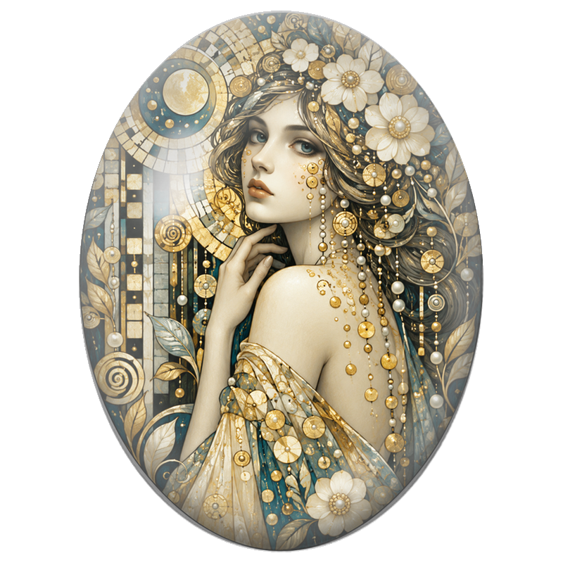 Cabochon en Verre Illustré Femme aux Perles Dorées sous la Lune de Mosaïque 13x18, 18x25 ou 30x40mm