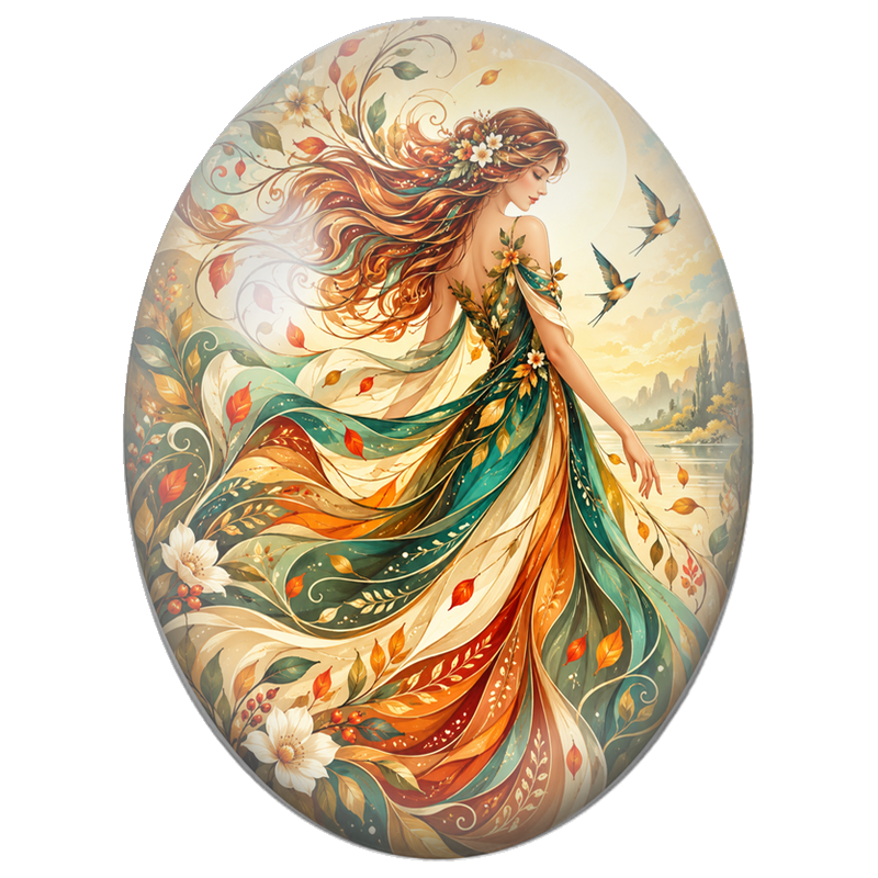 Cabochon en Verre Illustré Femme Rousse en Robe aux Couleurs d’Automne 13x18, 18x25 ou 30x40mm