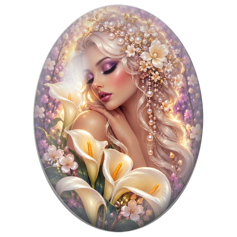 Cabochon en Verre Illustré Femme Blonde aux Arums Ivoire et Couronne de Perles 13x18, 18x25 ou 30x40mm