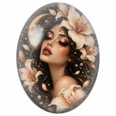Cabochon en Verre Illustré Femme Brune aux Lys Cuivrés et Lune Dorée pour la Création de Bijoux Fantaisie - DIY