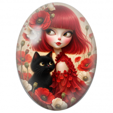 Cabochon en Verre Illustré Fille au Carré Rouge et Chat Noir dans les Coquelicots pour la Création de Bijoux Fantaisie - DIY