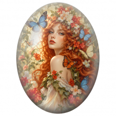 Cabochon en Verre Illustré Femme Rousse à la Couronne Fleurie et Papillons Bleus pour la Création de Bijoux Fantaisie - DIY