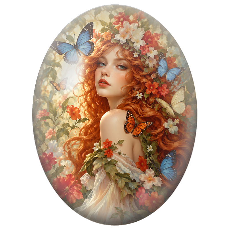 Cabochon en Verre Illustré Femme Rousse à la Couronne Fleurie et Papillons Bleus 13x18, 18x25 ou 30x40mm