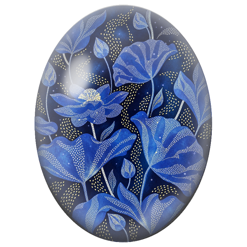 Cabochon en Verre Illustré Fleurs Bleues sur Fond Nuit 13x18, 18x25 ou 30x40mm
