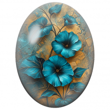 Cabochon en Verre Illustré Fleurs Turquoise sur Fond Doré 13x18, 18x25 ou 30x40mm - Pour la Création de Bijoux Fantaisie - DIY