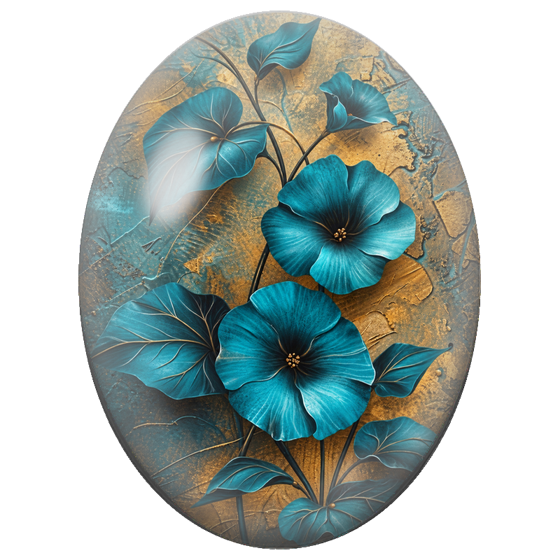 Cabochon en Verre Illustré Fleurs Turquoise sur Fond Doré 13x18, 18x25 ou 30x40mm