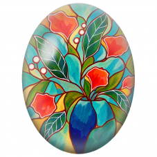 Cabochon en Verre Illustré Bouquet Rouge dans un Vase Bleu 13x18, 18x25 ou 30x40mm - Pour la Création de Bijoux Fantaisie - DIY