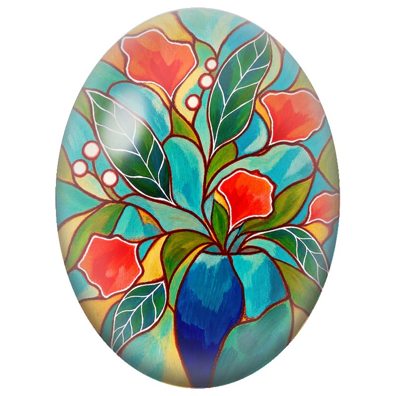 Cabochon en Verre Illustré Bouquet Rouge dans un Vase Bleu 13x18, 18x25 ou 30x40mm