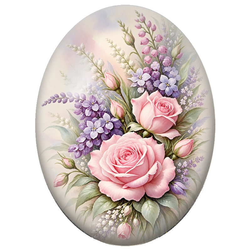 Cabochon en Verre Illustré Roses Roses et Fleurs Mauves 13x18, 18x25 ou 30x40mm