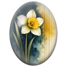 Cabochon en Verre Illustré Jonquille Blanche sur Fond Bleu et Or 13x18, 18x25 ou 30x40mm - Pour la Création de Bijoux Fantaisie