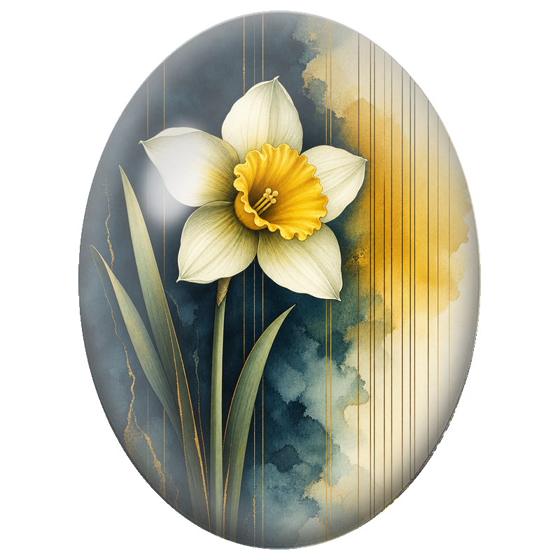 Cabochon en Verre Illustré Jonquille Blanche sur Fond Bleu et Or 13x18, 18x25 ou 30x40mm