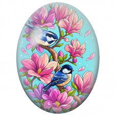 Cabochon en Verre Illustré Mésanges Bleues parmi les Magnolias 13x18, 18x25 ou 30x40mm - Pour la Création de Bijoux Fantaisie