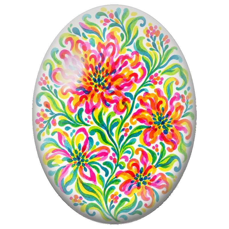 Cabochon en Verre Illustré Fleurs Ornementales Multicolores 13x18, 18x25 ou 30x40mm