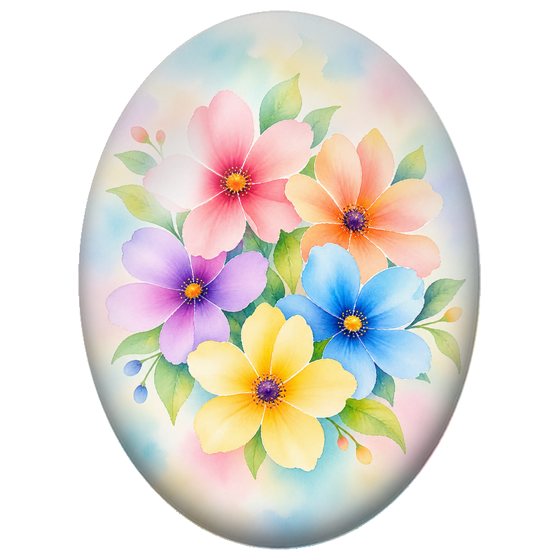 Cabochon en Verre Illustré Bouquet de Fleurs Pastel 13x18, 18x25 ou 30x40mm