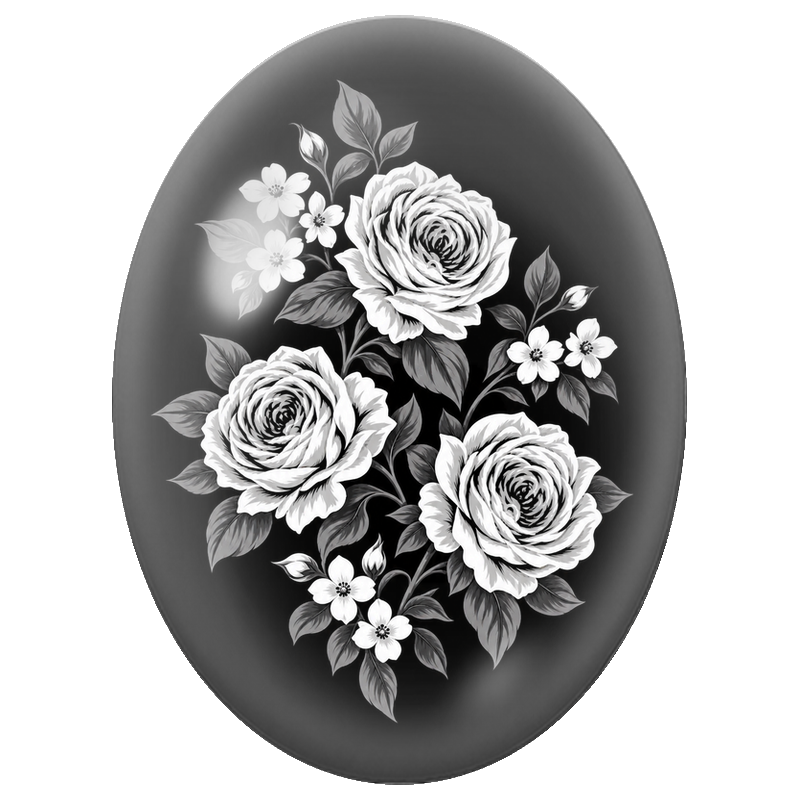 Cabochon en Verre Illustré Roses Blanches sur Fond Noir 13x18, 18x25 ou 30x40mm