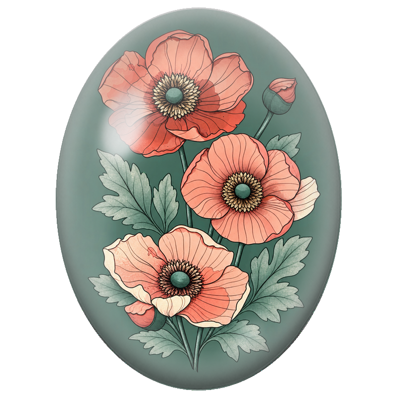 Cabochon en Verre Illustré Coquelicots Corail sur Fond Vert 13x18, 18x25 ou 30x40mm