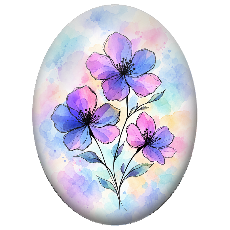 Cabochon en Verre Illustré Fleurs Bleues et Roses à l’Aquarelle 13x18, 18x25 ou 30x40mm