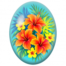 Cabochon en Verre Illustré Hibiscus Orange sur Fond Turquoise 13x18, 18x25 ou 30x40mm - Pour la Création de Bijoux Fantaisie