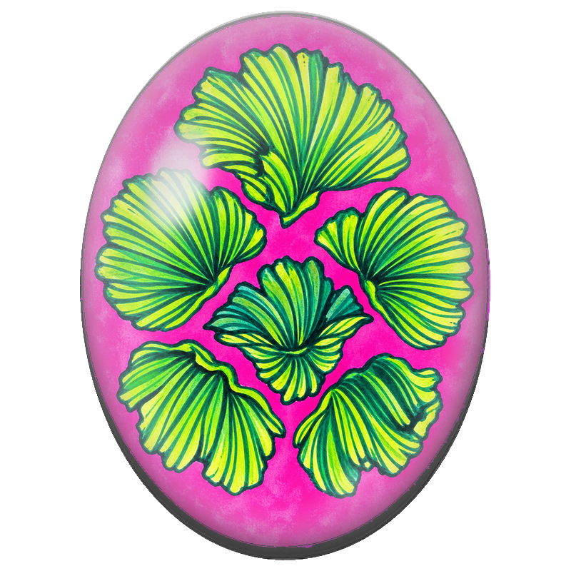 Cabochon en Verre Illustré Feuilles de Ginkgo Vertes sur Fond Rose 13x18, 18x25 ou 30x40mm