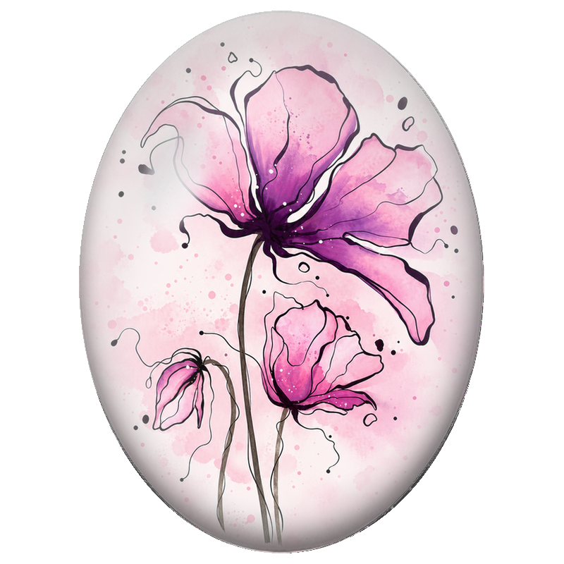 Cabochon en Verre Illustré Coquelicots Roses au Trait Noir 13x18, 18x25 ou 30x40mm