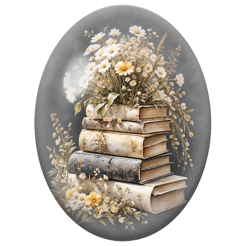 Cabochon en Verre Illustré Marguerites et Livres Anciens 13x18, 18x25 ou 30x40mm