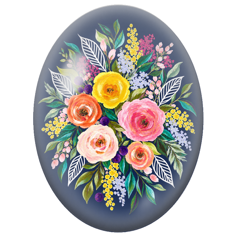 Cabochon en Verre Illustré Bouquet Fleuri sur Fond Bleu Nuit 13x18, 18x25 ou 30x40mm