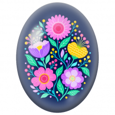 Cabochon en Verre Illustré Fleurs Folk Colorées sur Fond Bleu 13x18, 18x25 ou 30x40mm - Pour la Création de Bijoux Fantaisie