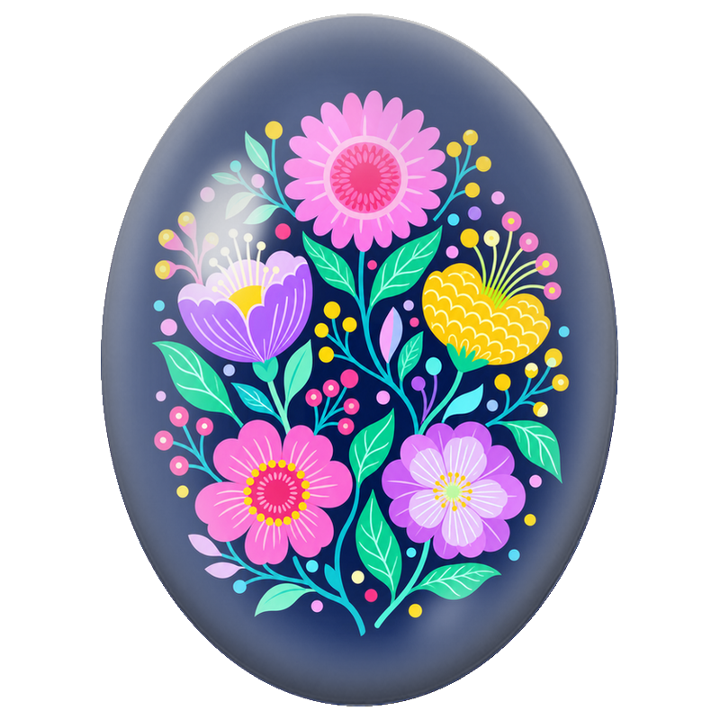 Cabochon en Verre Illustré Fleurs Folk Colorées sur Fond Bleu 13x18, 18x25 ou 30x40mm