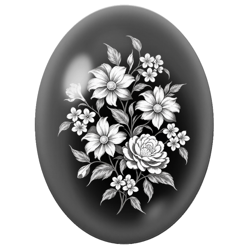 Cabochon en Verre Illustré Bouquet Blanc sur Fond Noir 13x18, 18x25 ou 30x40mm