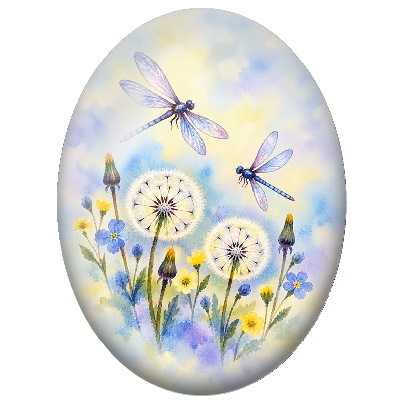 Cabochon en Verre Illustré Libellules et Pissenlits à l’Aquarelle 13x18, 18x25 ou 30x40mm